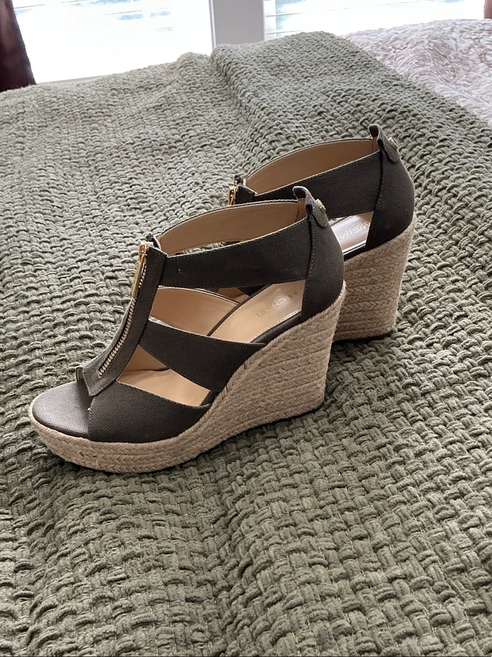 Michael Kors Olive Canvas Espadrille Wedge Sandals with Gold Zip